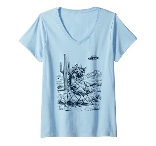 Damen Mops Cowboy Kakteen Wüste UFO Western Rodeo T-Shirt mit V-Ausschnitt Damen Mops Cowboy Kakteen Wüste UFO Western Rodeo T-Shirt mit V-Ausschnitt von Vintage Western Funny Mops Cowboy