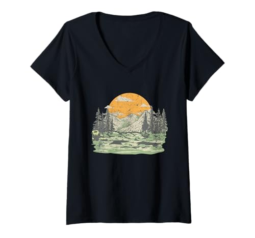 Damen Wildlife Trees Outdoor Nature Retro Wandern und Natur T-Shirt mit V-Ausschnitt Damen Wildlife Trees Outdoor Nature Retro Wandern und Natur T-Shirt mit V-Ausschnitt von Vintage Wildlife Outdoor Adventure Nature Lover