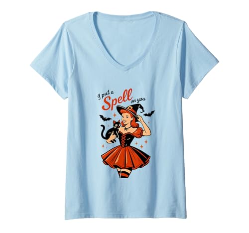 Damen Ich verzaubere Dich Hexenkatze Halloween T-Shirt mit V-Ausschnitt Damen Ich verzaubere Dich Hexenkatze Halloween T-Shirt mit V-Ausschnitt von Vintage Witch Halloween Magic Vibes