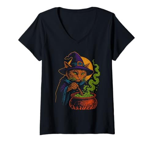 Damen Mystic Witch Katzenkessel Okkultes Gothic Wicca T-Shirt mit V-Ausschnitt Damen Mystic Witch Katzenkessel Okkultes Gothic Wicca T-Shirt mit V-Ausschnitt von Vintage Witchy Cat Potion Brewing Goth Design