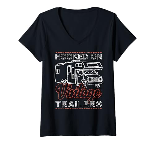 Damen Verliebt in Vintage Trailer Camping Roadtrip Spaß T-Shirt mit V-Ausschnitt Damen Verliebt in Vintage Trailer Camping Roadtrip Spaß T-Shirt mit V-Ausschnitt von Vintage Wohnwagen Liebe Klassiker Unterwegs