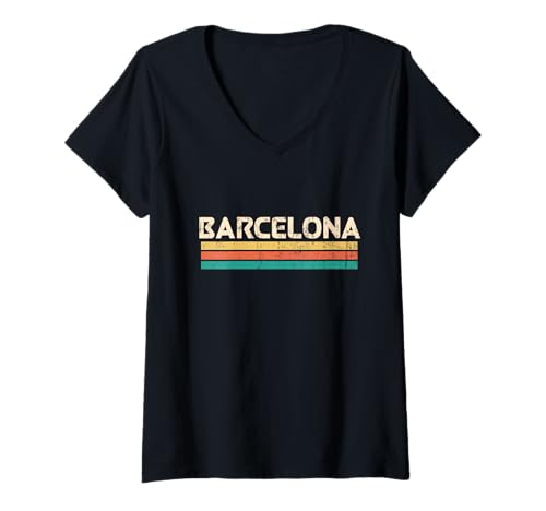 Damen Barcelona Spanien Stadtname Classic Vintage Farben Design T-Shirt mit V-Ausschnitt von Vintage World City Name Design with 3 Retro Colors