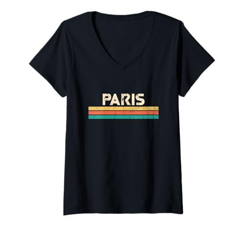 Damen Paris Frankreich Stadtname Classic Vintage Farben Design T-Shirt mit V-Ausschnitt von Vintage World City Name Design with 3 Retro Colors