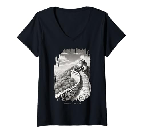 Damen Chinesische Mauer Chinesische Große Mauer von China T-Shirt mit V-Ausschnitt Damen Chinesische Mauer Chinesische Große Mauer von China T-Shirt mit V-Ausschnitt von Vintage World Places Travel Black and White Draw