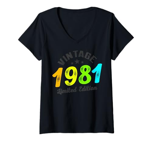 Damen Limitierte Auflage – Vintage 1981 T-Shirt mit V-Ausschnitt von Vintage Year of Birth Gifts Apparel & Accessories