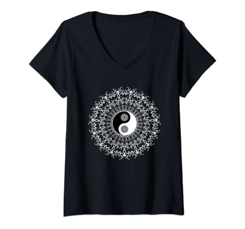 Damen Yin Yang Mandala Yoga Meditation Heilige Geometrie Spirituell T-Shirt mit V-Ausschnitt von Vintage Yin Yang Mandala Sacred Geometry Spiritual