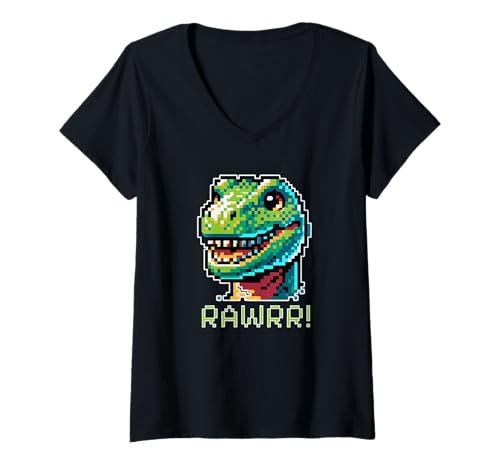 Damen Retro 8-Bit Gaming Pixelated Dinosaur Art Paläontology T-Shirt mit V-Ausschnitt Damen Retro 8-Bit Gaming Pixelated Dinosaur Art Paläontology T-Shirt mit V-Ausschnitt von Vintage and Retro Gaming Addicts 8-Bit Designs