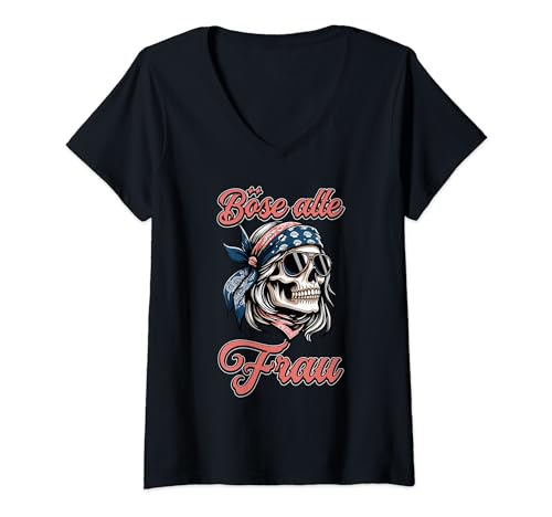 Damen Böser Alter FrauTotenkopf mit Bandana Skull Frau T-Shirt mit V-Ausschnitt von Vintage böse alte Frau Rebell