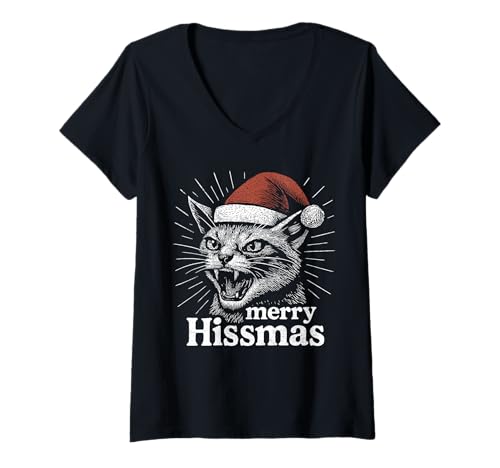 Damen Merry Hissmas, Weihnachtskatzenzischen, lustiges wütendes Katzengesicht T-Shirt mit V-Ausschnitt Damen Merry Hissmas, Weihnachtskatzenzischen, lustiges wütendes Katzengesicht T-Shirt mit V-Ausschnitt von Vintage cat puns