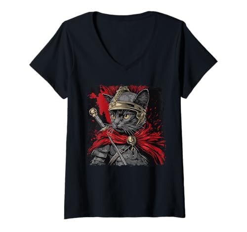 Damen SPQR Empire Roman Legion Cat Warrior Japanische Grafik T-Shirt mit V-Ausschnitt von Vintage funny cute anime style Roman cat warrior 2