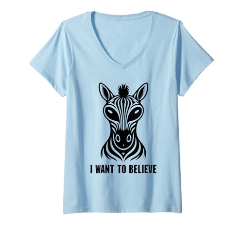 Damen I Want to Believe Lustiges Zebra Alien UFO Meme Retro Grafik T-Shirt mit V-Ausschnitt Damen I Want to Believe Lustiges Zebra Alien UFO Meme Retro Grafik T-Shirt mit V-Ausschnitt von Vintage funny zebra design with Aliens and UFO DAY