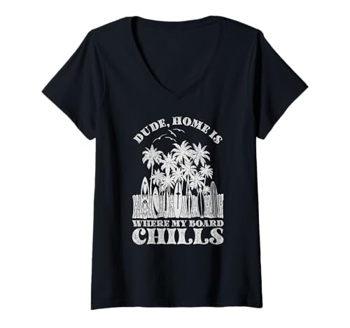 Damen Zuhause ist, wo mein Board Chills, Cool Surfer T-Shirt mit V-Ausschnitt Damen Zuhause ist, wo mein Board Chills, Cool Surfer T-Shirt mit V-Ausschnitt von Vintage inspirierte Sommerdesigns