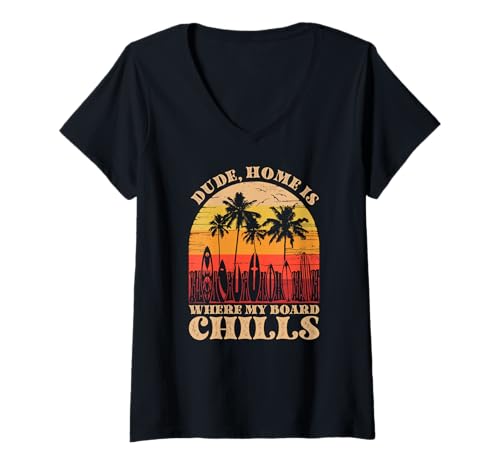 Damen Zuhause ist, wo mein Board Chills, Cool Surfer T-Shirt mit V-Ausschnitt Damen Zuhause ist, wo mein Board Chills, Cool Surfer T-Shirt mit V-Ausschnitt von Vintage inspirierte Sommerdesigns