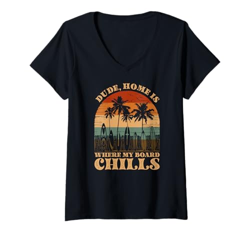 Damen Zuhause ist, wo mein Board Chills, Cool Surfer T-Shirt mit V-Ausschnitt Damen Zuhause ist, wo mein Board Chills, Cool Surfer T-Shirt mit V-Ausschnitt von Vintage inspirierte Sommerdesigns