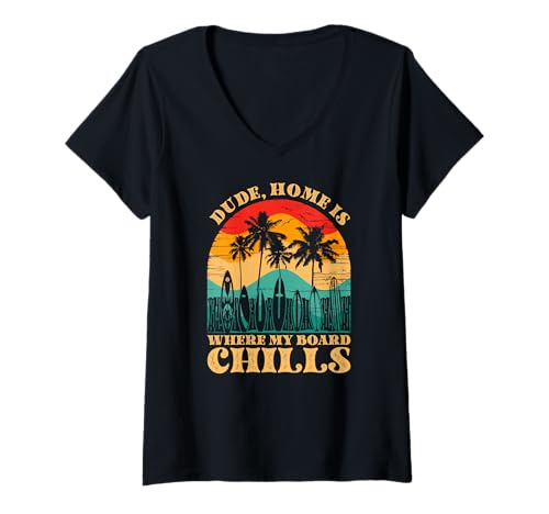Damen Zuhause ist, wo mein Board Chills, Cool Surfer T-Shirt mit V-Ausschnitt Damen Zuhause ist, wo mein Board Chills, Cool Surfer T-Shirt mit V-Ausschnitt von Vintage inspirierte Sommerdesigns