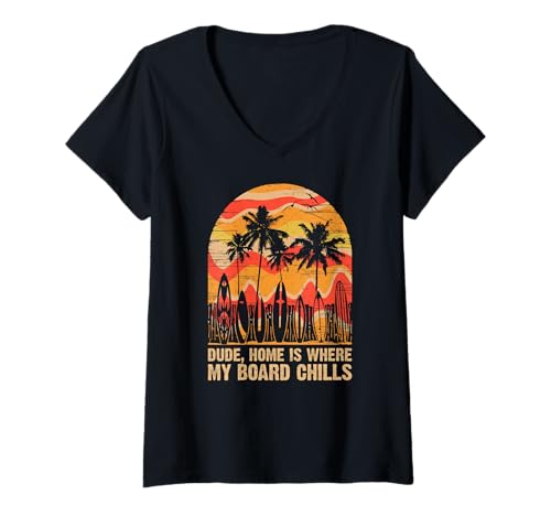 Damen Zuhause ist, wo mein Board Chills, Cool Surfer T-Shirt mit V-Ausschnitt Damen Zuhause ist, wo mein Board Chills, Cool Surfer T-Shirt mit V-Ausschnitt von Vintage inspirierte Sommerdesigns