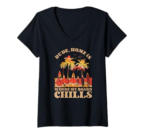 Damen Zuhause ist, wo mein Board Chills, Cool Surfer T-Shirt mit V-Ausschnitt Damen Zuhause ist, wo mein Board Chills, Cool Surfer T-Shirt mit V-Ausschnitt von Vintage inspirierte Sommerdesigns