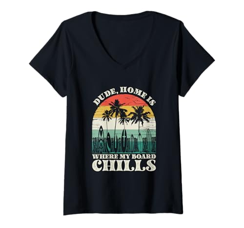 Damen Zuhause ist, wo mein Board Chills, Cool Surfer T-Shirt mit V-Ausschnitt Damen Zuhause ist, wo mein Board Chills, Cool Surfer T-Shirt mit V-Ausschnitt von Vintage inspirierte Sommerdesigns
