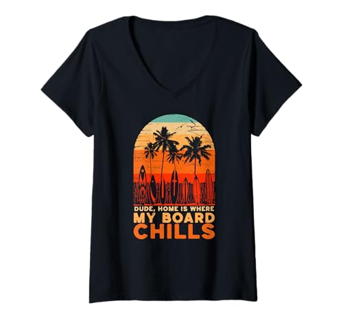 Damen Zuhause ist, wo mein Board Chills, Cool Surfer T-Shirt mit V-Ausschnitt Damen Zuhause ist, wo mein Board Chills, Cool Surfer T-Shirt mit V-Ausschnitt von Vintage inspirierte Sommerdesigns