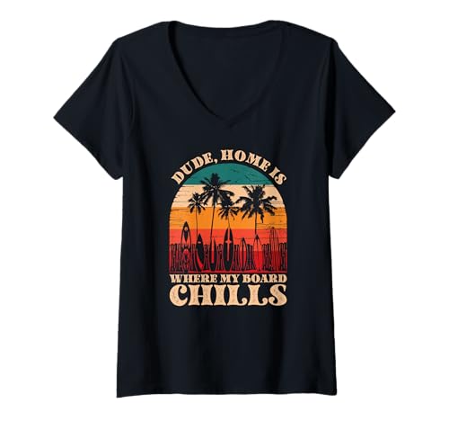 Damen Zuhause ist, wo mein Board Chills, Cool Surfer T-Shirt mit V-Ausschnitt Damen Zuhause ist, wo mein Board Chills, Cool Surfer T-Shirt mit V-Ausschnitt von Vintage inspirierte Sommerdesigns