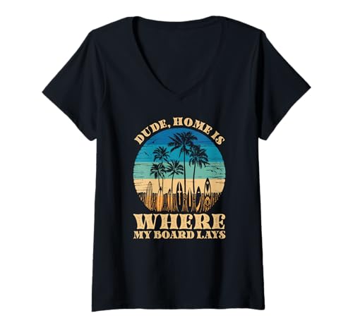 Damen Zuhause ist, wo mein Brett lag, cooler T-Shirt mit V-Ausschnitt Damen Zuhause ist, wo mein Brett lag, cooler T-Shirt mit V-Ausschnitt von Vintage inspirierte Sommerdesigns