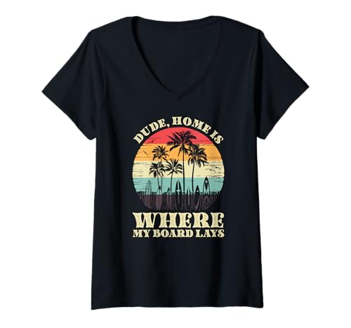 Damen Zuhause ist, wo mein Brett lag, cooler T-Shirt mit V-Ausschnitt Damen Zuhause ist, wo mein Brett lag, cooler T-Shirt mit V-Ausschnitt von Vintage inspirierte Sommerdesigns