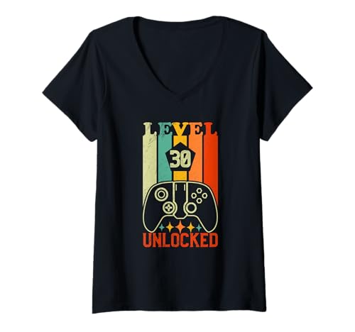 Damen Retro Gamer Level 30 Unlocked 30th Birthday T-Shirt mit V-Ausschnitt Damen Retro Gamer Level 30 Unlocked 30th Birthday T-Shirt mit V-Ausschnitt von Vintage video gaming Birthday 30 Years
