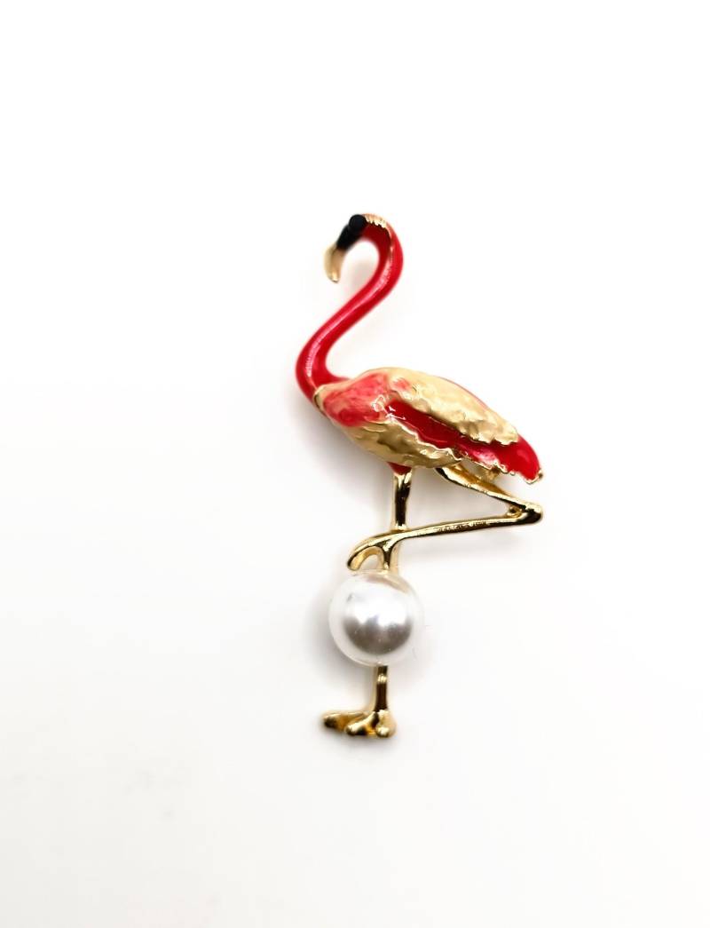 Flamingo Brosche Mit Perle Weiß Gold. Witzige Brosche von Vintage1952Designs