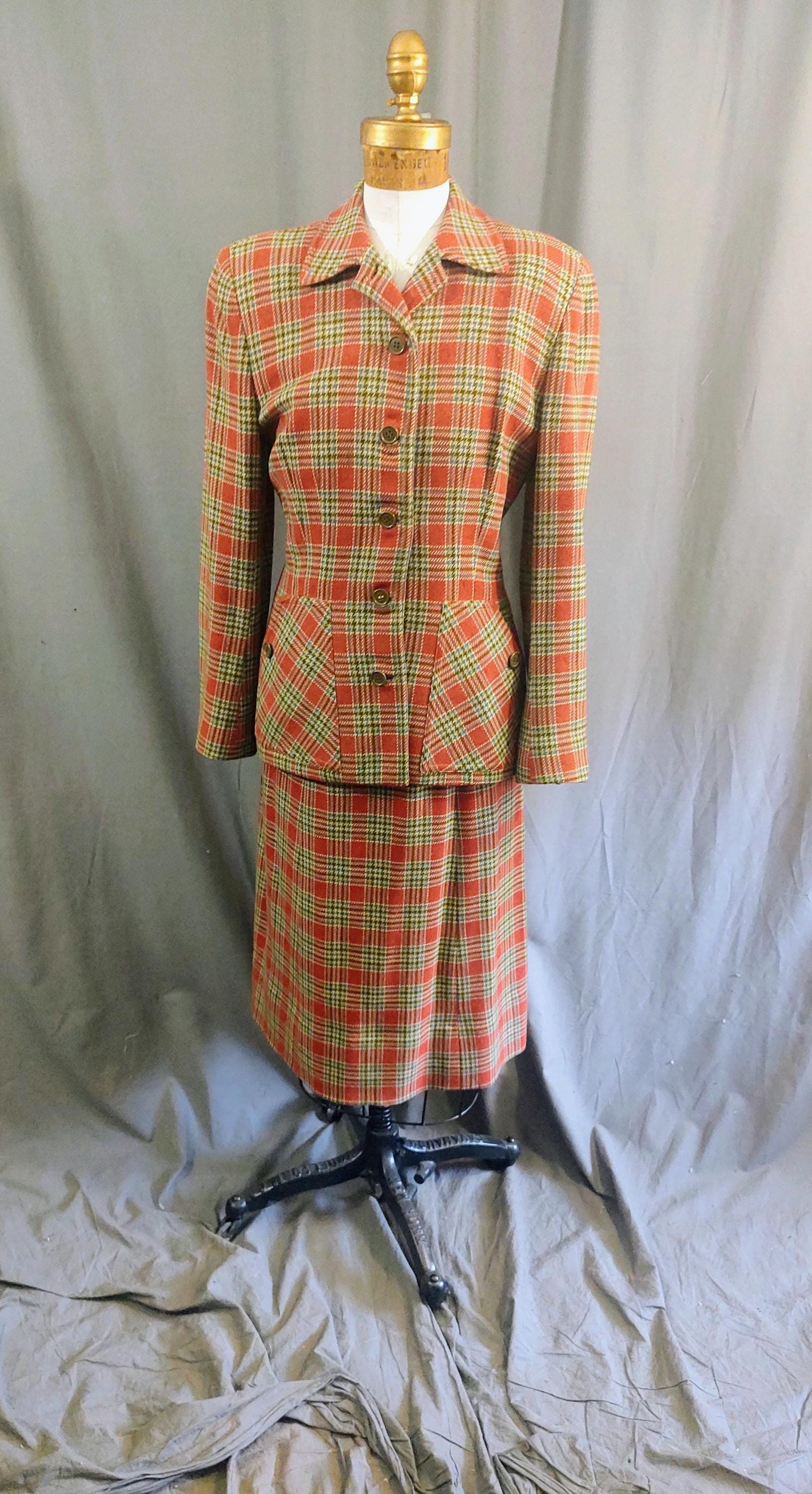1940Er Jahre Vintage Damen Karierter Woll-Tweed-Anzug Von Edward Reed, Ltd - in Orange, Grau, Grün & Weiß Komplett Gefüttert in Der Viskose-Jacke von Vintage201