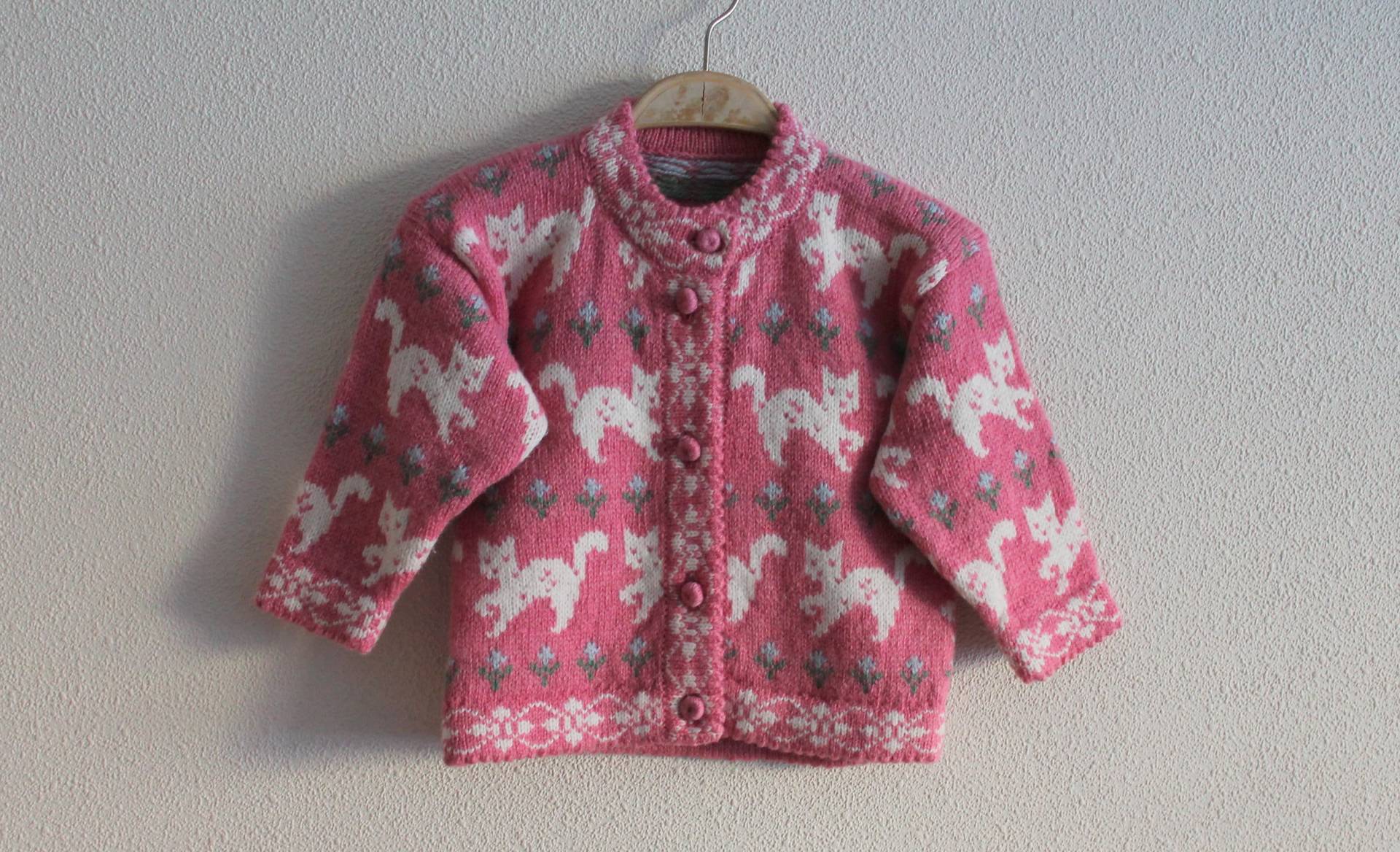 Katze Strick Vintage Strickjacke Mädchen Pullover Gestrickt Rosa Weiß Gemustert Wolle Jacke Norweger Strickjacke Knopf Hoch Langarm von VintageAgency