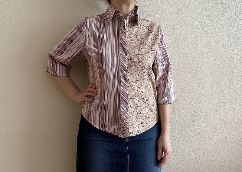 Pink Frauen Bluse Paisley Print Gestreifte 3/4 Ärmel Button Up Shirt Weiß Lila Violet Khaki Baumwolle Große Größe von VintageAgency