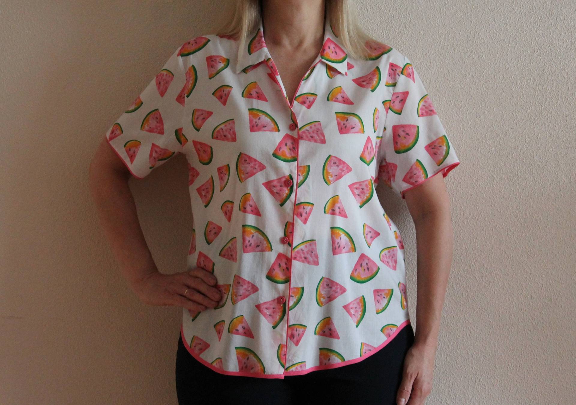 Pyjama Top Vintage Bluse Wassermelonen Print Tropical Fruit Shirt Frauen Nachtwäsche Sommer Weiß Rosa Kurzarm Large von VintageAgency