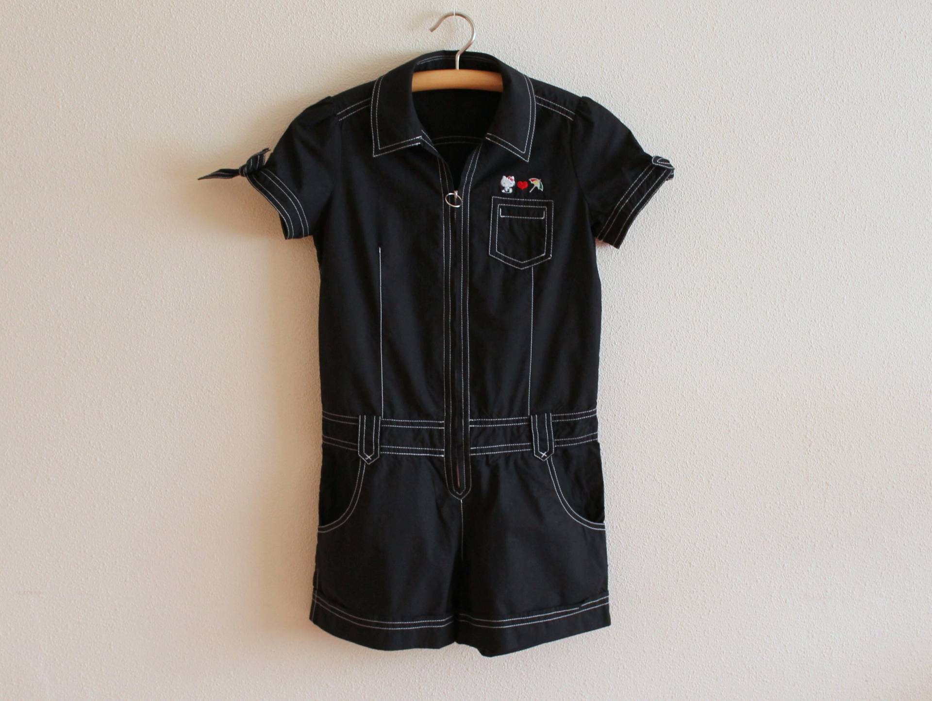 Schwarzer Overall Kurze Ärmel Einteiler Stramplerhose Overalls Weite Beine Hose Hosenanzug von VintageAgency