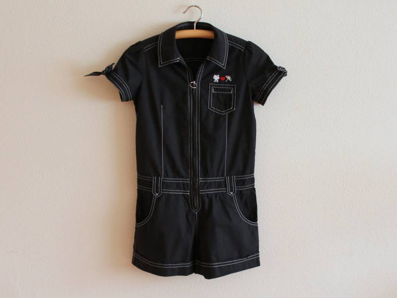 Schwarzer Overall Kurze Ärmel Einteiler Stramplerhose Overalls Weite Beine Hose Hosenanzug von VintageAgency