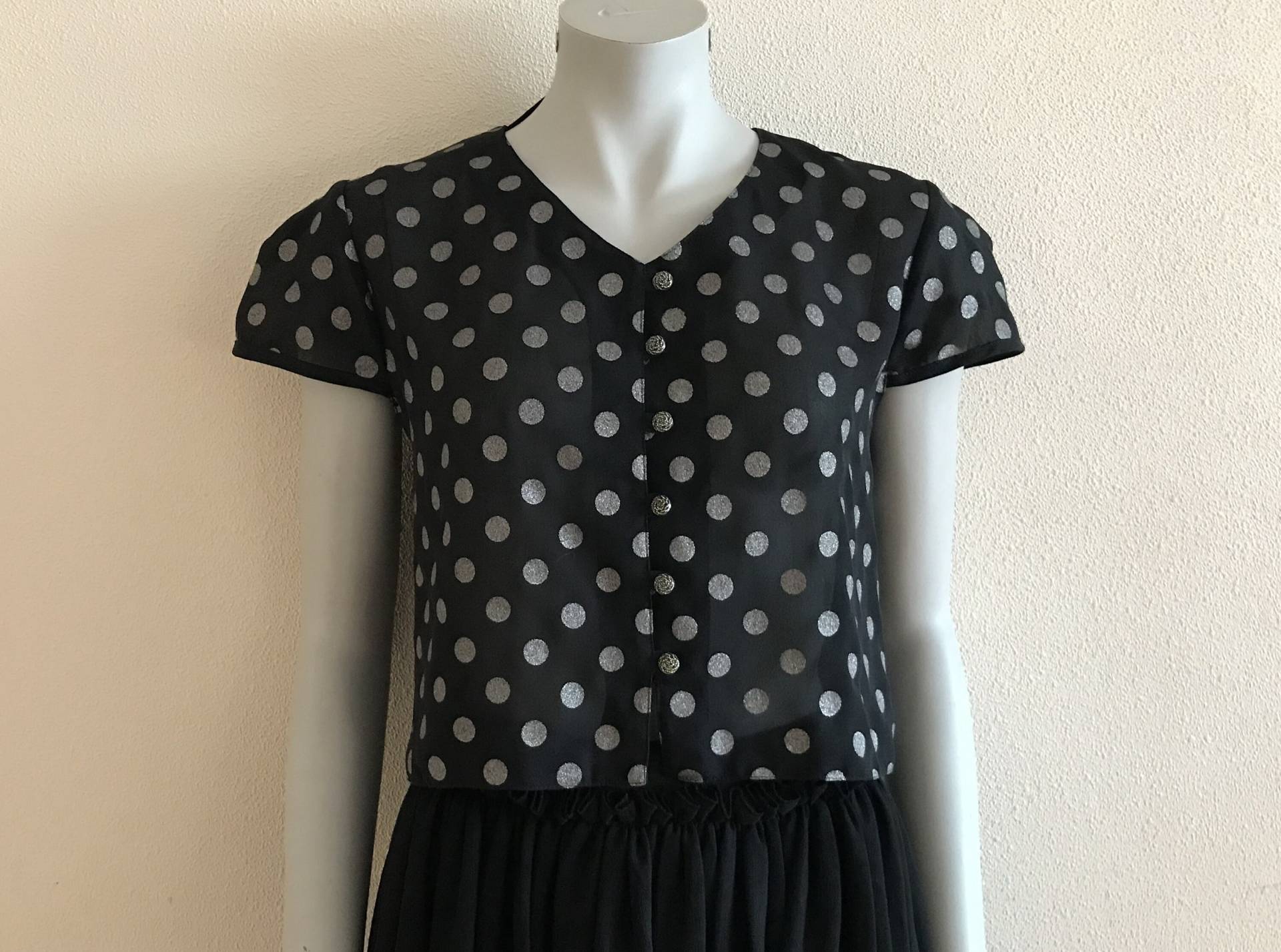 Vintage Bluse Schwarze Polka Dot Kurzarm Schwarz Silber Shirt Crop Top Cropped von VintageAgency