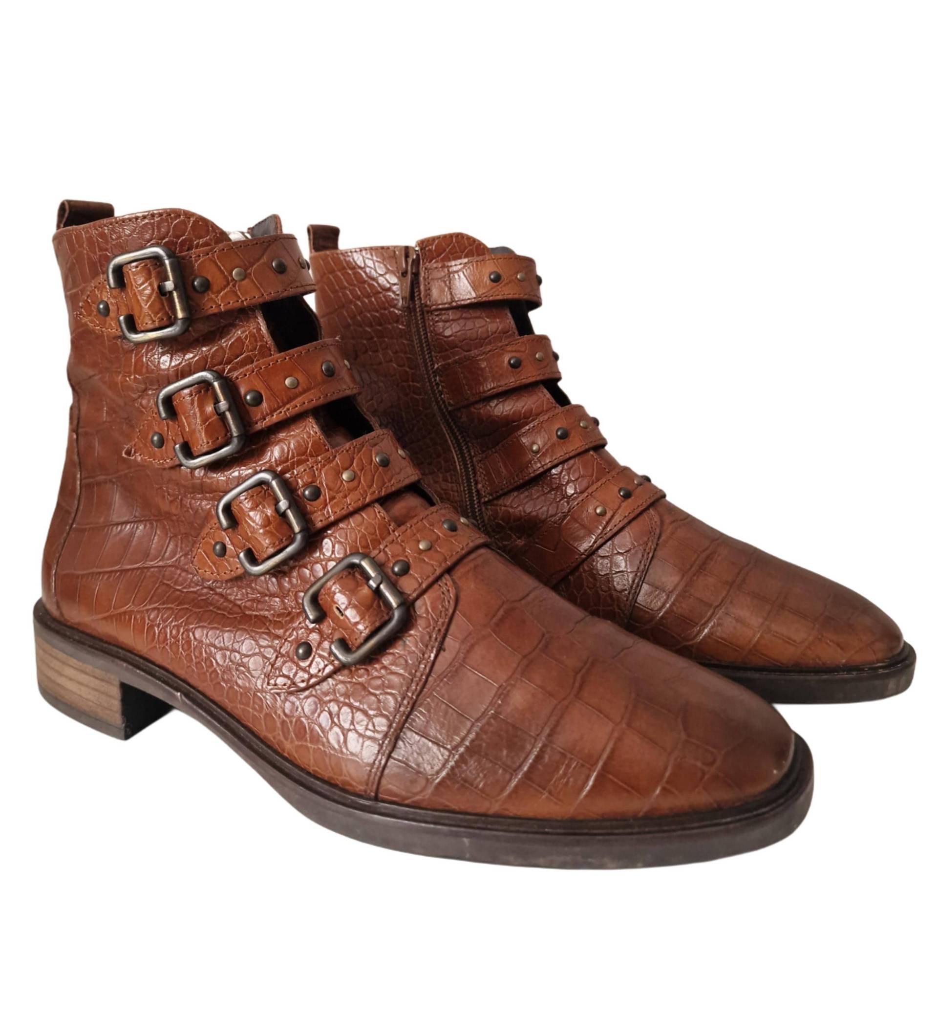 Paul Grüne Leder Ankle Boots, Hellbraun Mock Croc, Damengröße 40 von VintageAlwaysYours