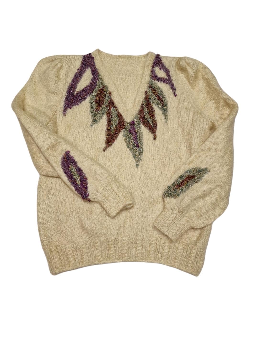 Vintage Handgefertigter Mohair Pullover Hellgelber Strickpullover Mit Strukturierter Blatt Stickerei S von VintageAlwaysYours