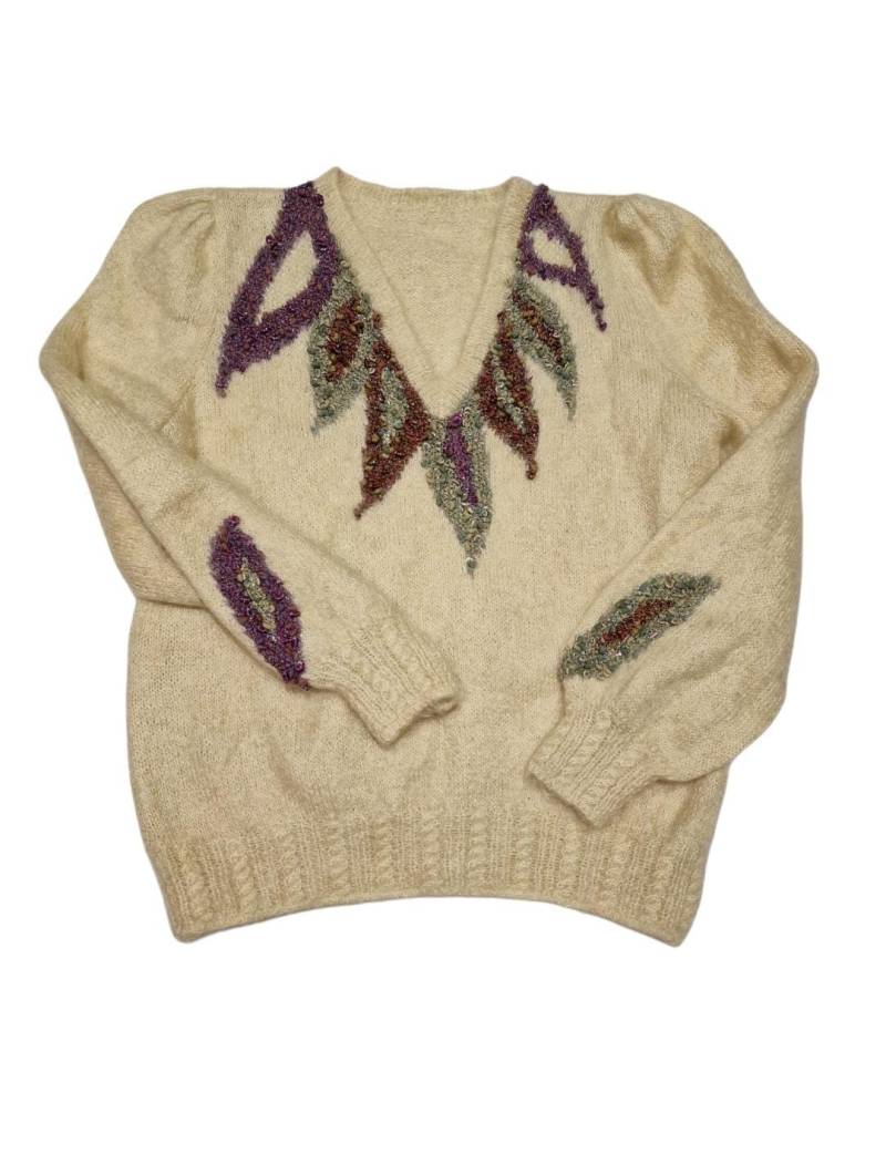 Vintage Handgefertigter Mohair Pullover Hellgelber Strickpullover Mit Strukturierter Blatt Stickerei S von VintageAlwaysYours