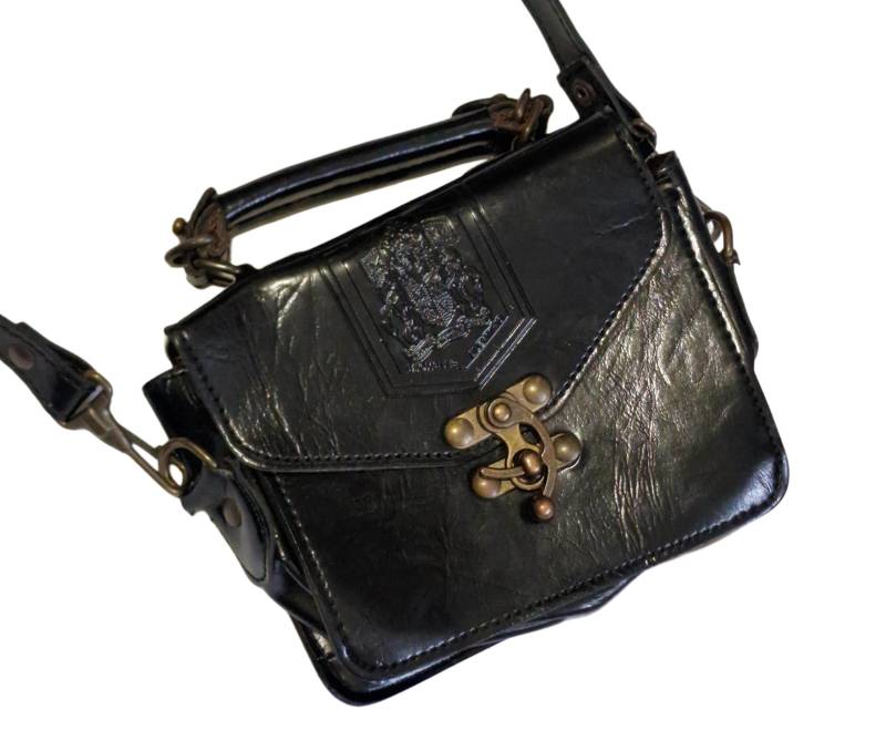 Vintage Michele Alenitno Schwarze Ledertasche Geprägte Wappen Geldbörse Steampunk von VintageAlwaysYours