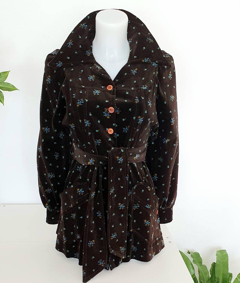 70Er Vintage Samt Jacke Gr. Xs 34 Braun Unikat Damen Hippie Floral von VintageAndCream