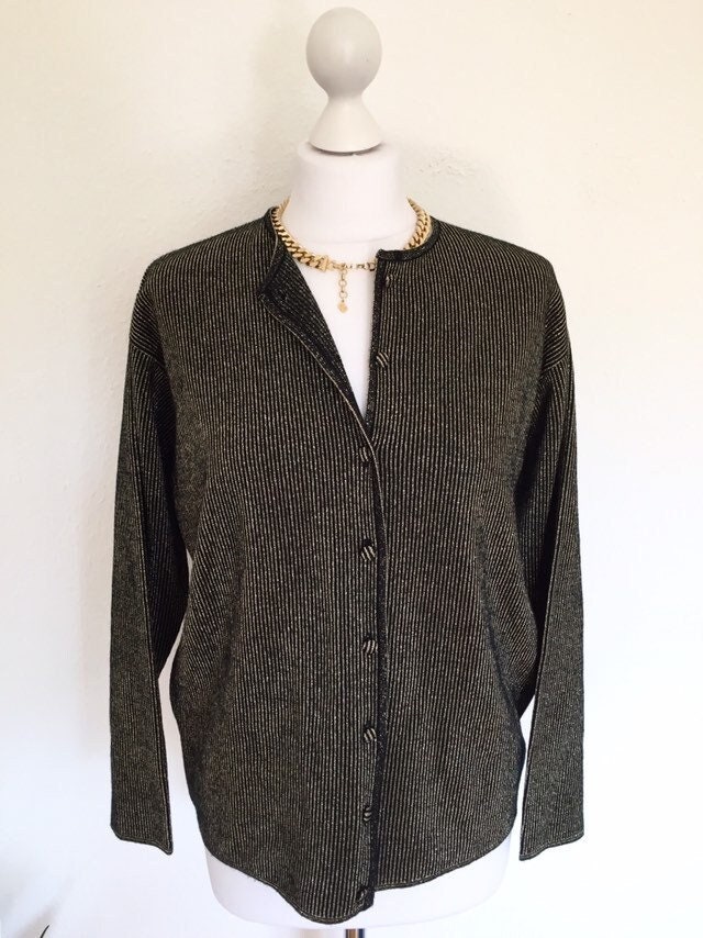 80Er Vintage Strick Jacke Lurex Gr. M 38 40 Cardigan Schwarz Gold von VintageAndCream