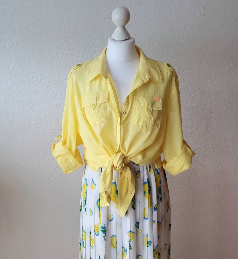 Vintage Bluse Hemd L - Xxl Neon Gelb 90Er 2000Er Oversized Damen Baumwolle von VintageAndCream