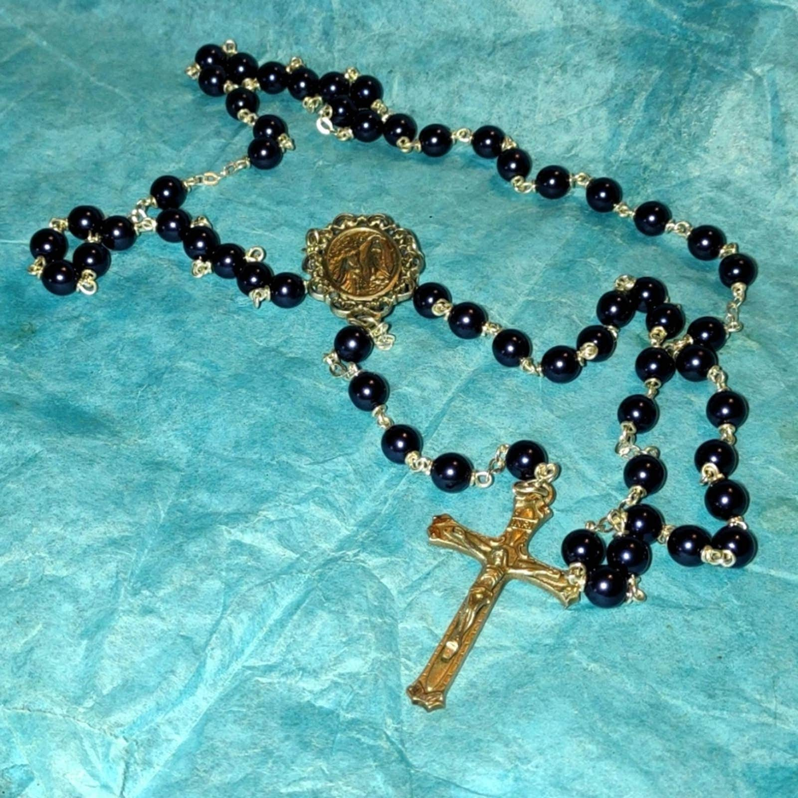 Wunderschöner Vtg Marineblauer Rosenkranz Mit Mutter Maria Und Jesus, Schön Gewichteter von VintageAndJewelsShop