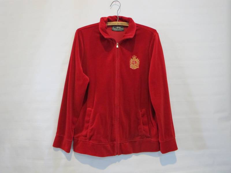 Ralph Lauren Red Velvet Trainingsjacke Large Xl - Gold Medallion Rl Embroidery Sooo Weich von VintageAndOddities