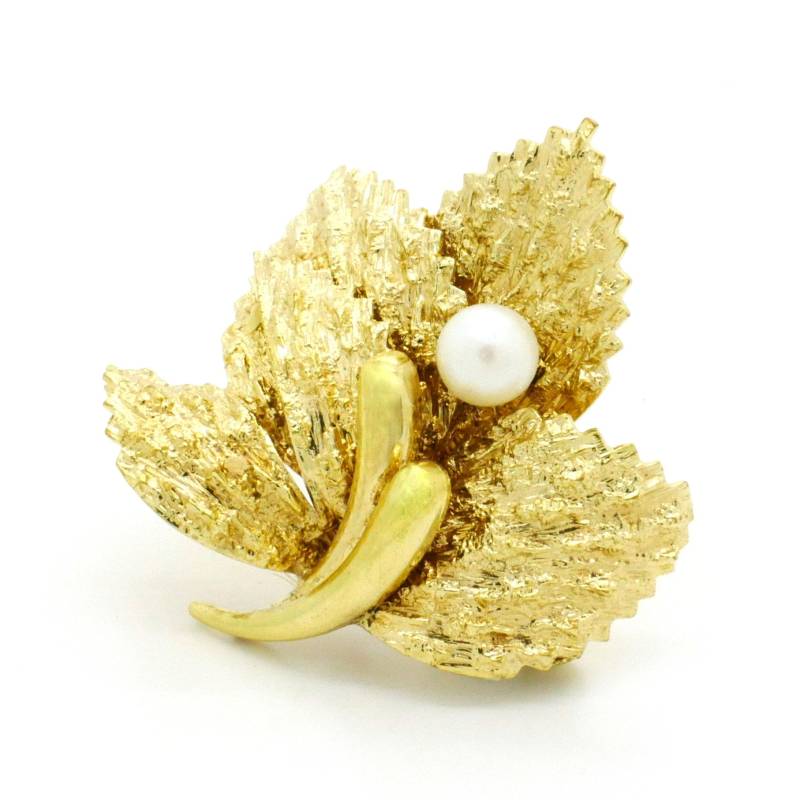 Vintage Brosche Aus Gold Zuchtperle Anstecknadel, Blatt Design 50Er Jahre Schmuck von VintageArtAndCraft