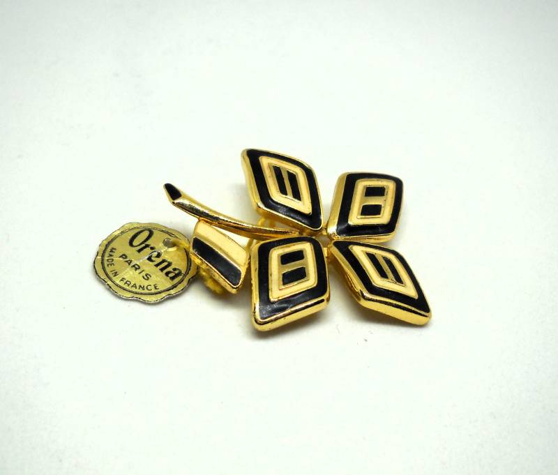 Die Blume Mit Blatt - 60Er Jahre Orena Vintage Brosche Art Deco. Blumenbrosche. Bio-Schmuck. Vergoldete Und Emaillierte Zusammensetzung. Länge 1, 8 von VintageBeadsLisbon