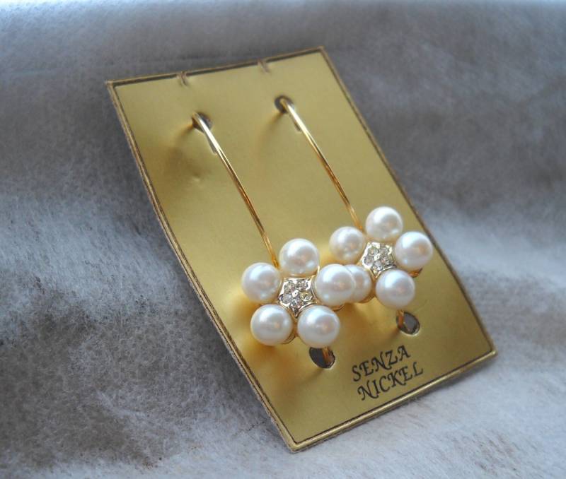 Flower Pearl Creolen Aus Den Späten 80Ern Mit Eingebetteten Strasssteinen; Vergoldet. Creolen, Blumenohrringe. Bio-Schmuck. Hergestellt in Italien von VintageBeadsLisbon