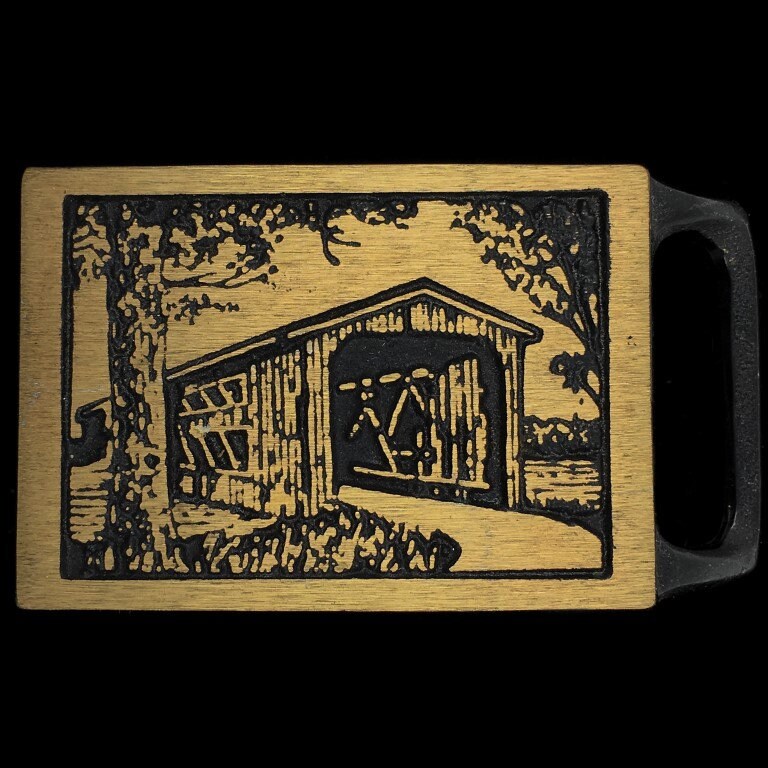 1970Er Jahre Tech Ether Gilde Langley Brücke Covered Bridges Hippie Nos Massives Messing Sammlerstück Erinnerungsstücke Vintage Gürtelschnalle von VintageBeltBuckle