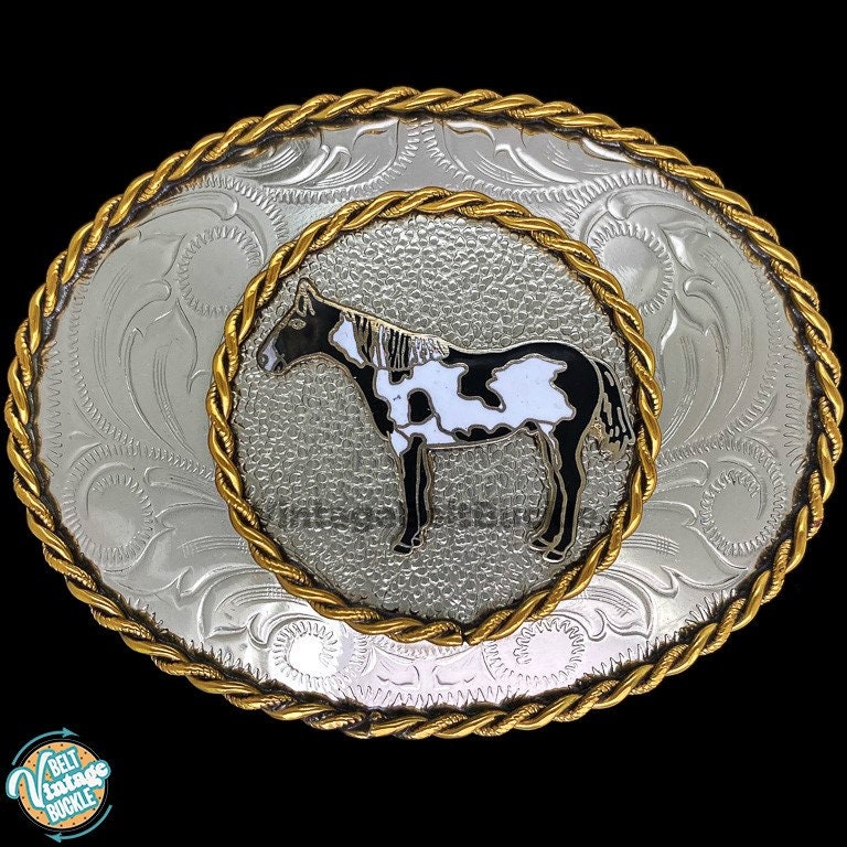 Appaloosa Paint Horse Breed Riding Rider Western Art Cowboy Cowgirl Geschenk Vintage Gürtelschnalle 1980Er Jahre Nos Handmade Brass Womens Schnallen von VintageBeltBuckle