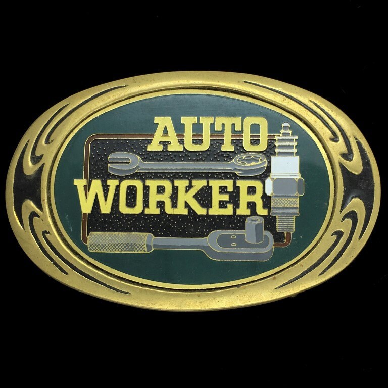 Autoworker Auto Worker Mechaniker Reparatur Werkstatt Wrencher Zahnradkopf Erinnerungsstücke Sammlerstück Gedenk Vintage Gürtelschnalle von VintageBeltBuckle